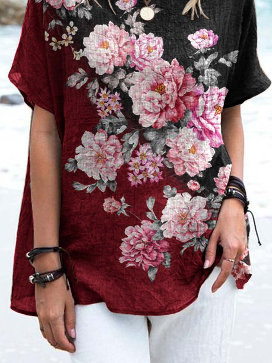 Women's Elegant Irregular Floral Pattern Round Neck Cotton and Linen Top