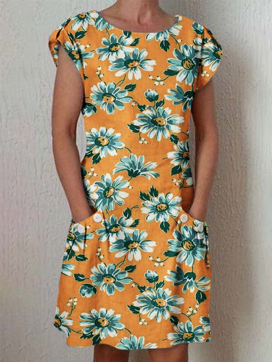 Women's Elegant Floral Pattern Crew Neck Dress