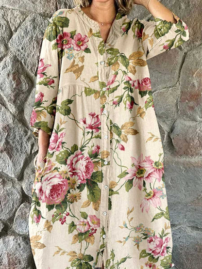 Women's Elegant  Rose Floral Pattern Shirt Style Cotton and Linen Dress