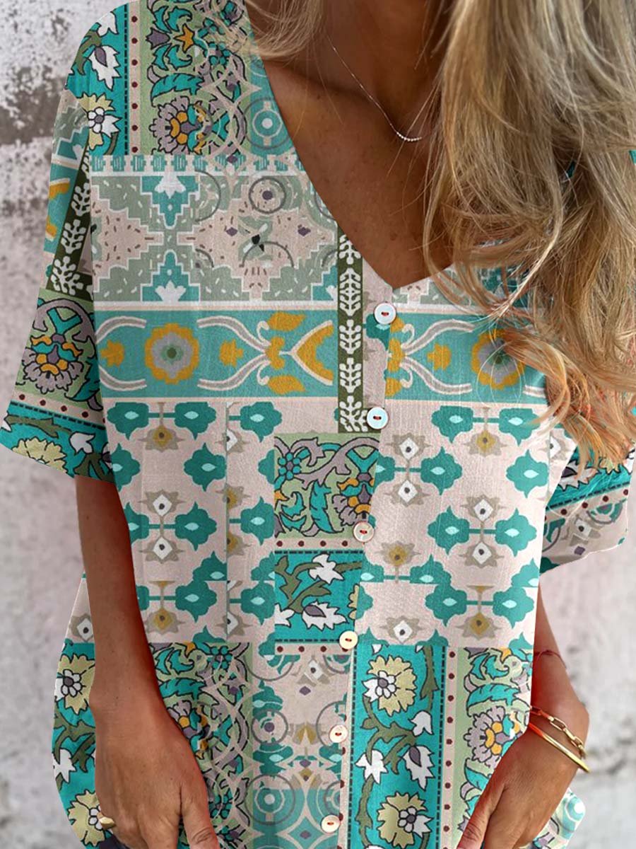 Women's Elegant Vintage Floral Pattern Shirt Style Cotton and Linen Top