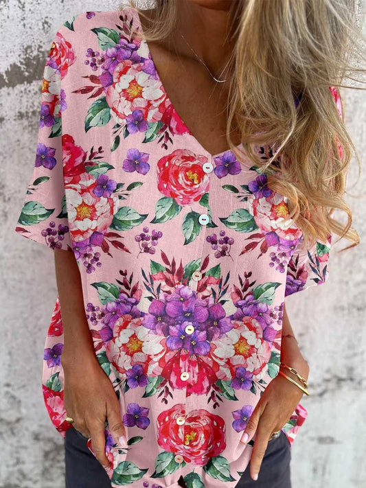 Women's Elegant Rose Floral Pattern V-Neck Shirt Style Cotton and Linen Top