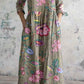 Women's Vintage Elegant Floral Pattern Cotton and Linen Dress with Pockets