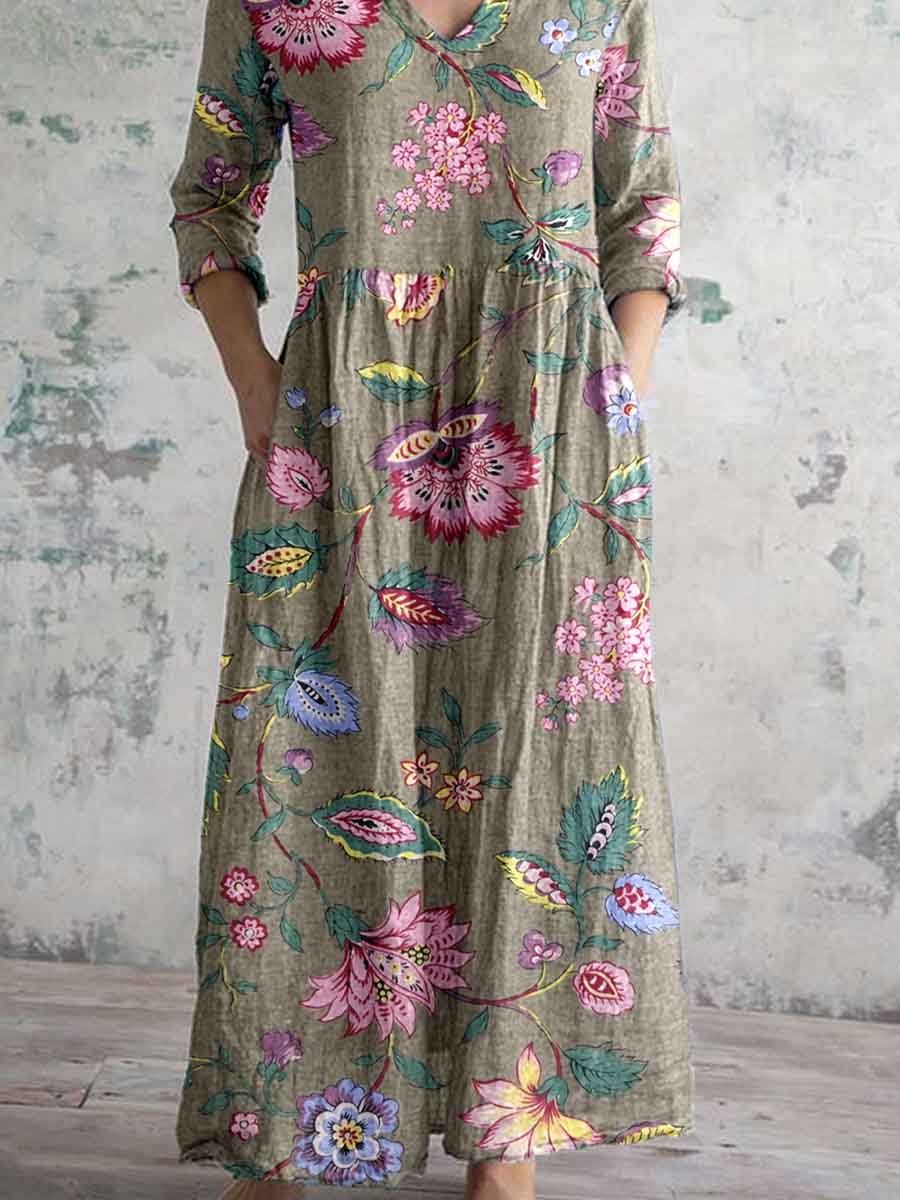 Women's Vintage Elegant Floral Pattern Cotton and Linen Dress with Pockets