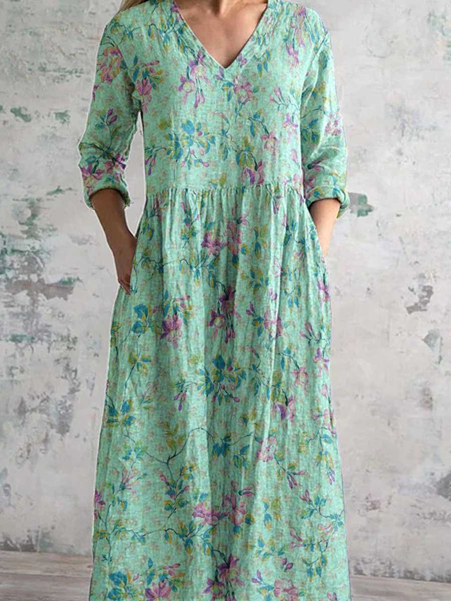 Women's Pastoral Floral V-Neck Cotton and Linen Dress with Pockets