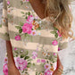 Women's Elegant Striped Rose Floral Shirt Style Cotton and Linen Top