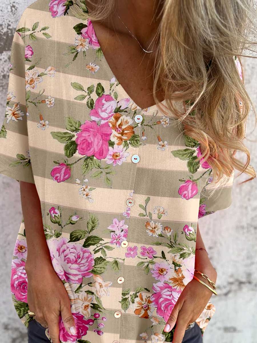 Women's Elegant Striped Rose Floral Shirt Style Cotton and Linen Top