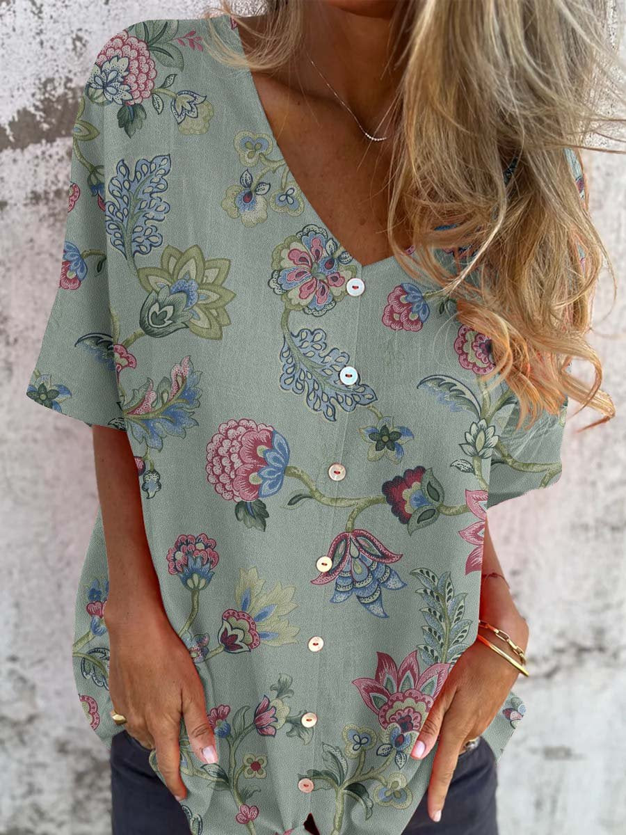 Women's Elegant Resort Boho Pattern Shirt Style Cotton and Linen Top