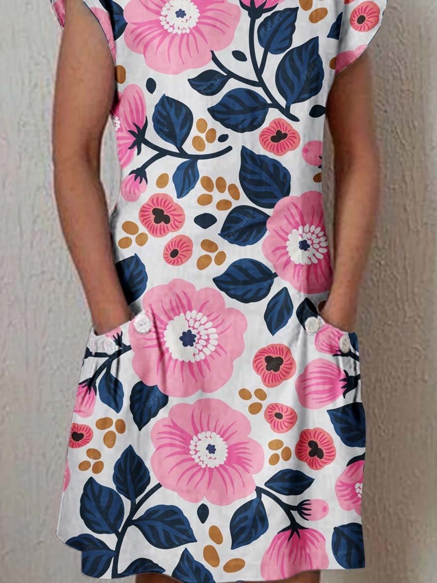 Women's Elegant Floral Cotton and Linen Dress