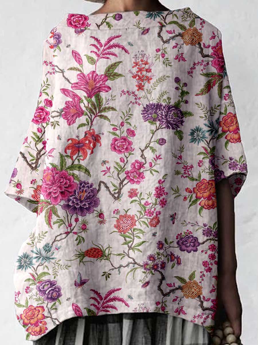 Women's Elegant Floral Cotton and Linen Top