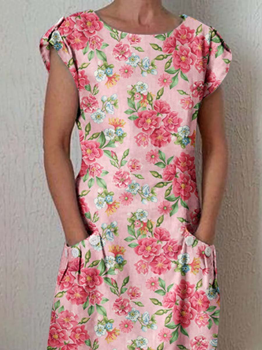 Women's Elegant Rose Floral Cotton and Linen Dress