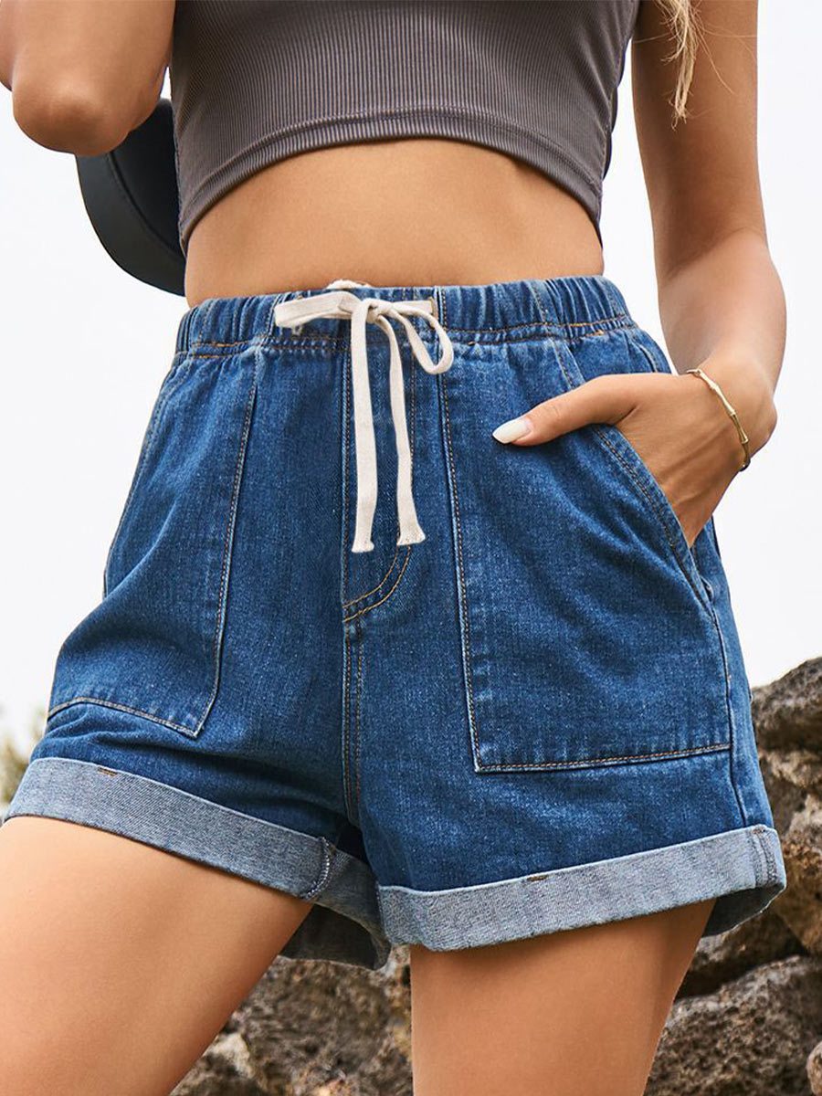 Women's Lace-up Elastic Waist Casual Curled Denim Shorts