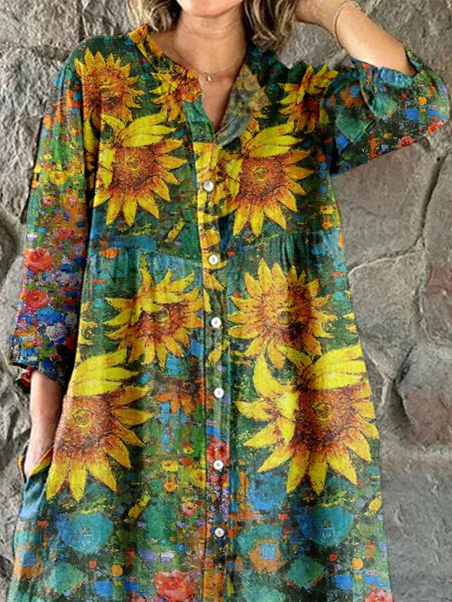 Women's Vintage  Sumflower Floral Pattern Shirt Style Cotton and Linen Dress