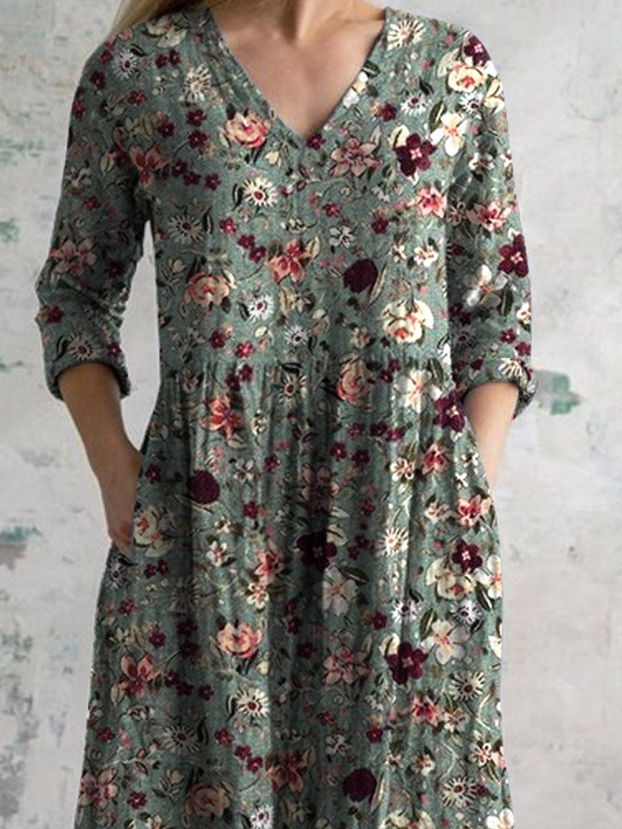 Women's Elegant Vintage Floral Pattern Cotton Dress With Pockets