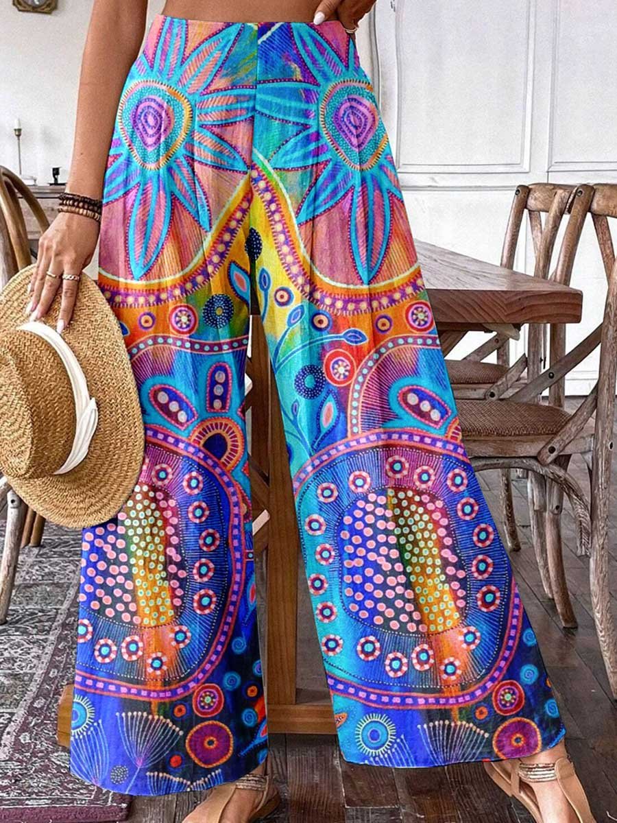 Women's Arty Bohemian Geometric Pattern Cotton Wide Leg Pants