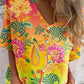 Women's Elegant Vintage Rainbow Gradient Floral Pattern Shirt Style Cotton and Linen Top