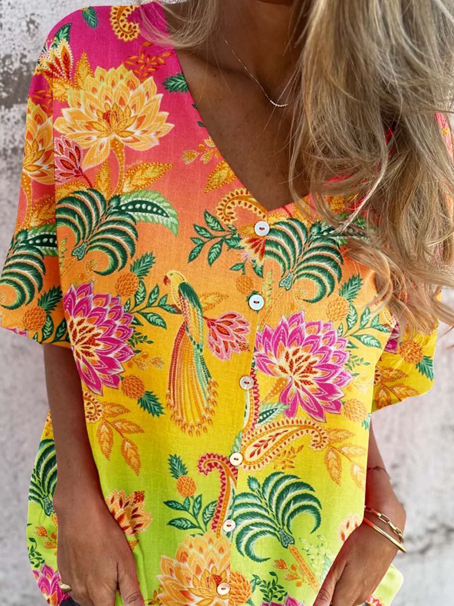 Women's Elegant Vintage Rainbow Gradient Floral Pattern Shirt Style Cotton and Linen Top