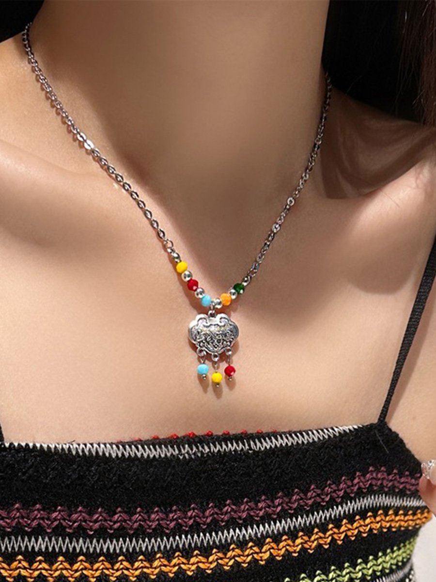 Ethnic Colorful Beaded Peace Lock Necklace