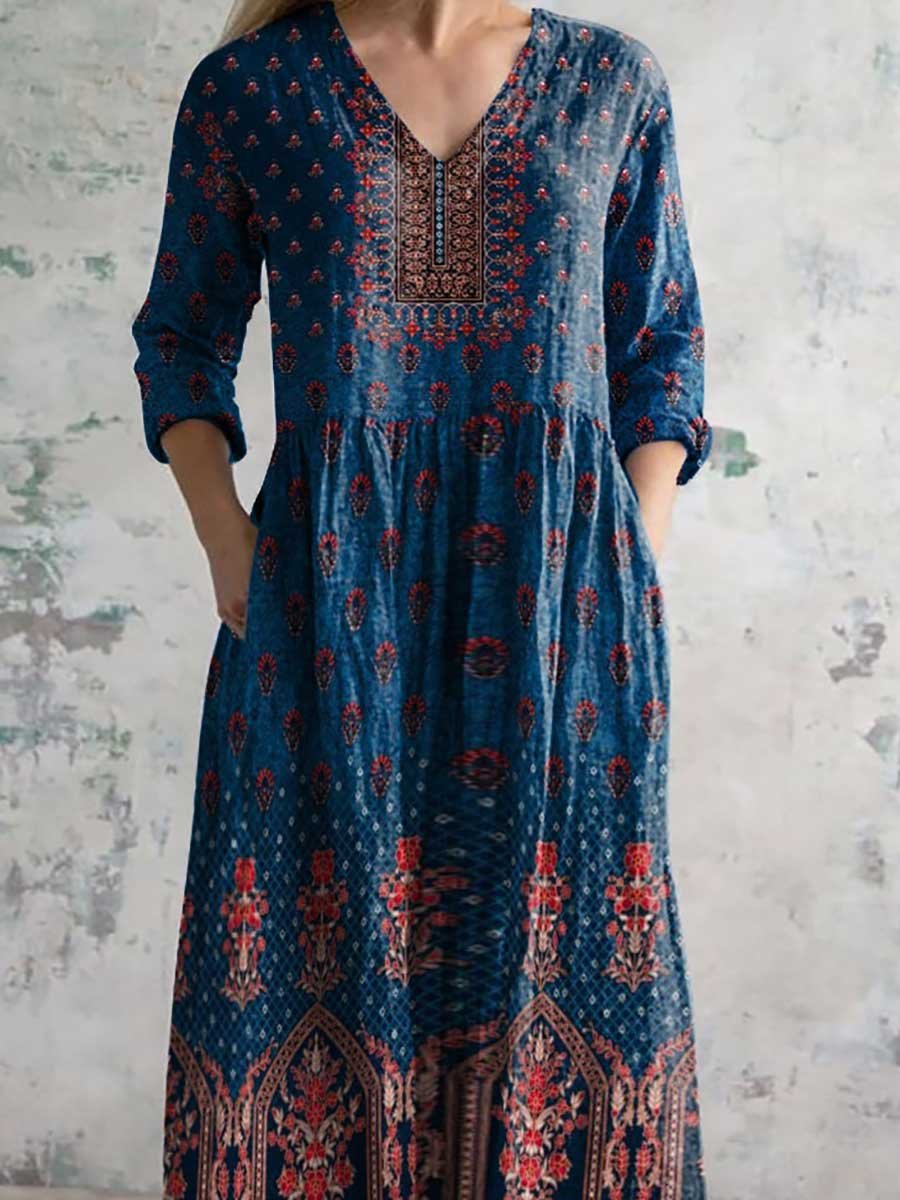 Women's Retro Ethnic Style Printed Casual Cotton Dress