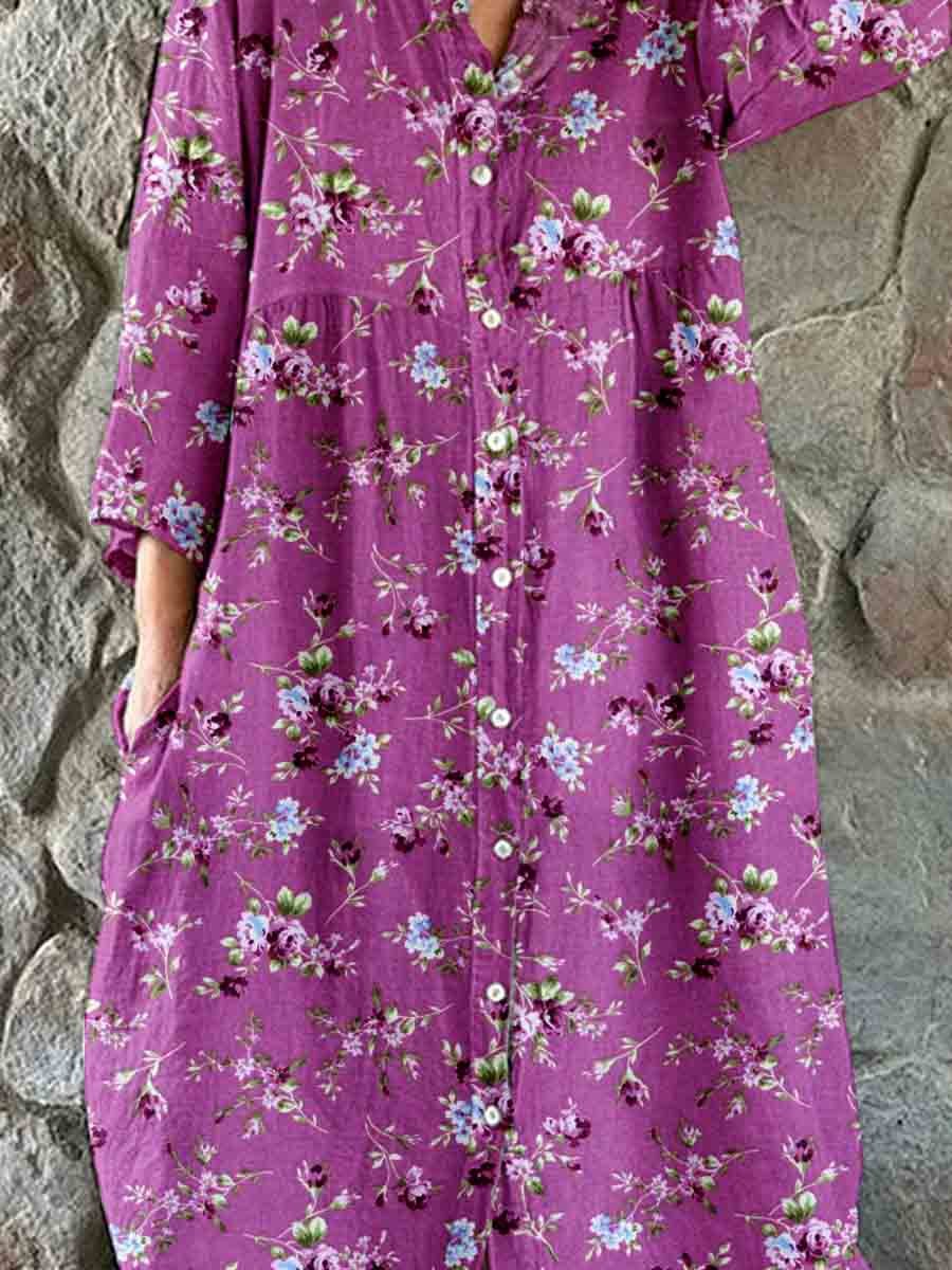 Women's Elegant Simple Floral Pattern Shirt Style Cotton and Linen Dress