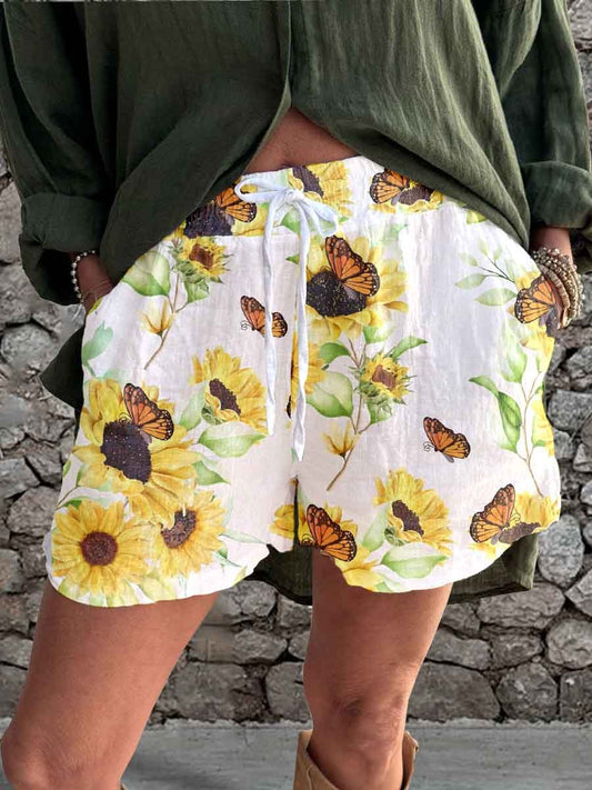 Women's Summer Elegant Simple Sunflower Floral Linen Strappy Shorts