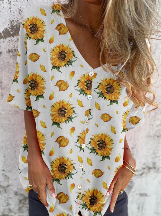 Women's Summer Resort Style Sunflower Floral Pattern shirt Style Cotton and Linen Top