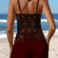 Deep Red Vintage Scatter Pattern Print Halter Patchwork Mid Waisted Tankini Short Set Swimsuit