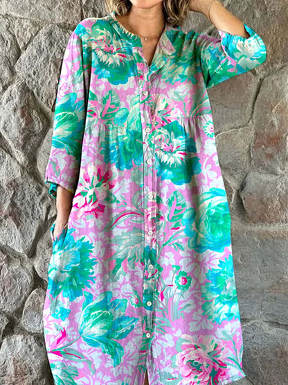 Women's Rose Floral Print Elegant Simple Shirt Cotton and Linen Dress