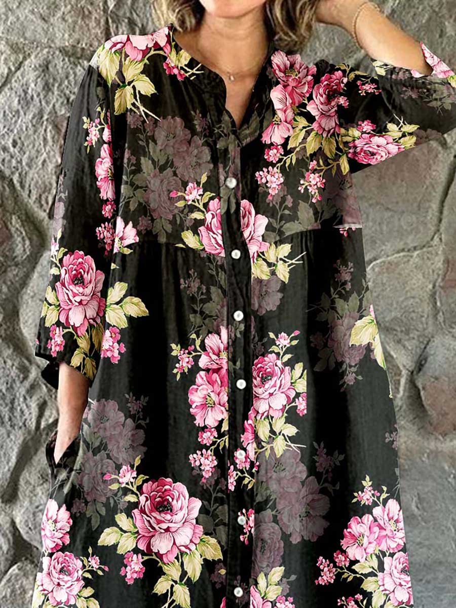 Women's Elegant Vintage Floral Print Shirt Style Cotton and Linen Dress