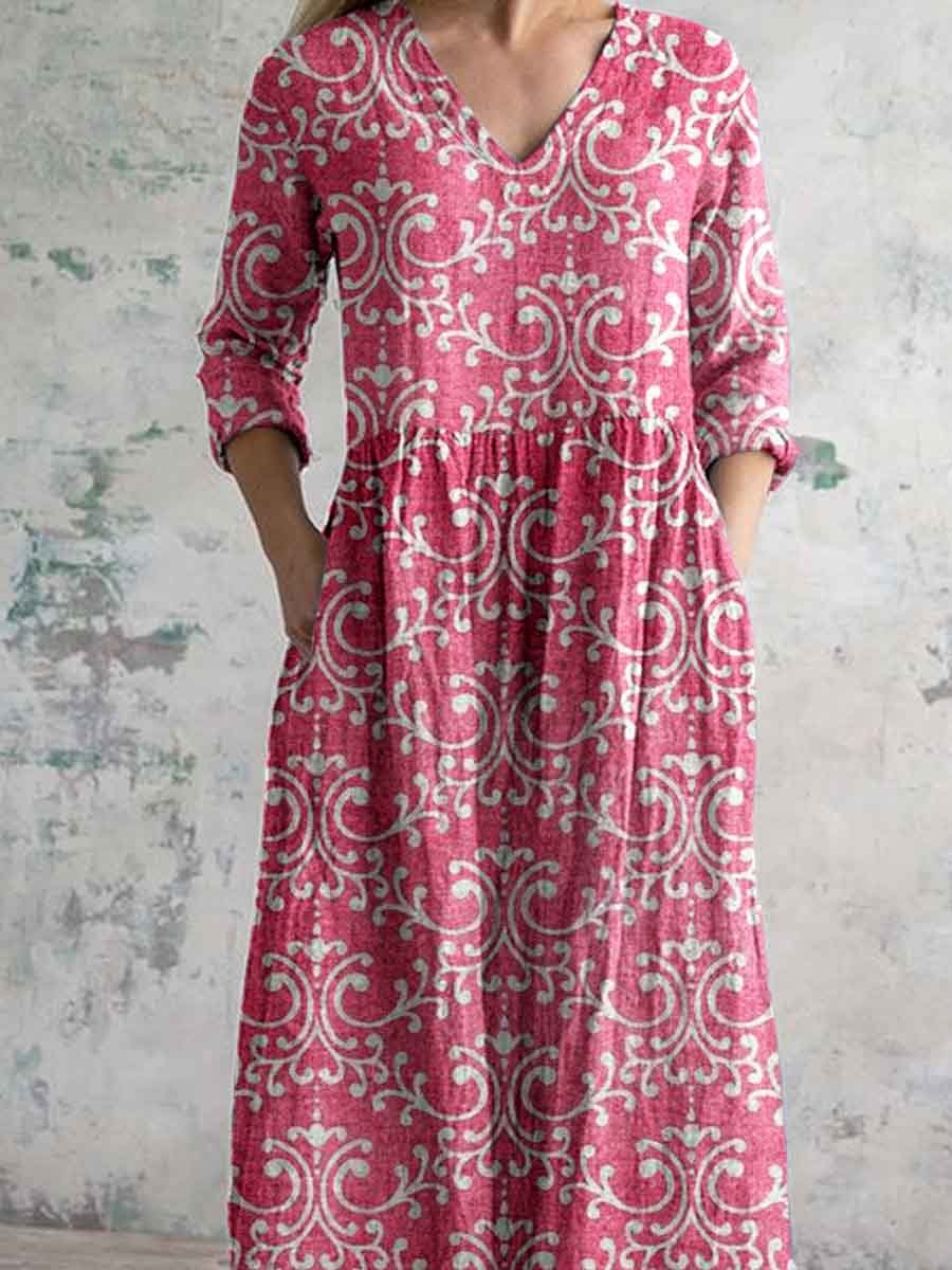 Women's Elegant Simple Embellished Floral Print V-Neck Cotton and Linen Dress with Pockets