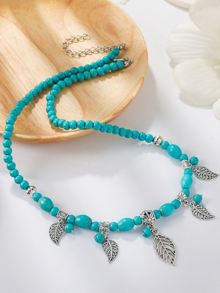 Retro Turquoise Jewelry Bohemian Ethnic Style Turquoise Leaf Necklace for Women