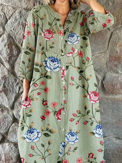 Women's Art Rose Floral Shirt Style Cotton and Linen Dress