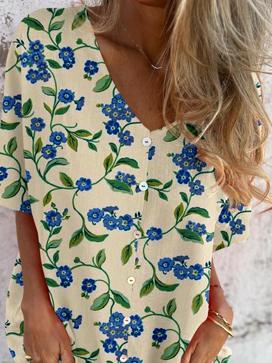 Women's Elegant Floral Pattern Shirt Style Cotton and Linen Top