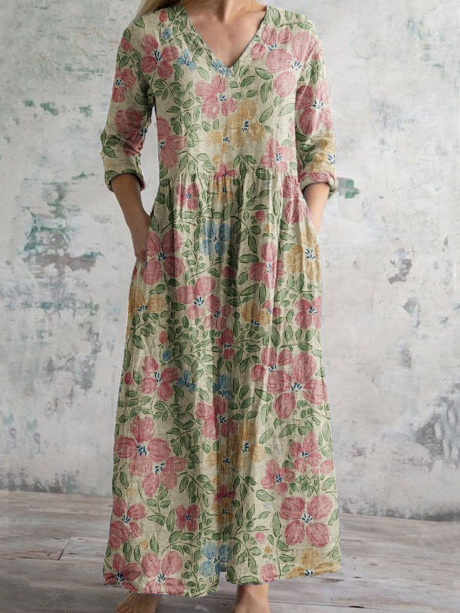 Women's Art Floral Print Casual Vintage Cotton Dress