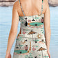 V-Neck Resort Hawaii Cocktail Black Cat Print Suspender Skirt Tankini Pantskirt Set Swimsuit