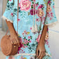 Women's Elegant Rose Floral Print V-Neck Strappy Raw Edge Cotton And Linen Dress