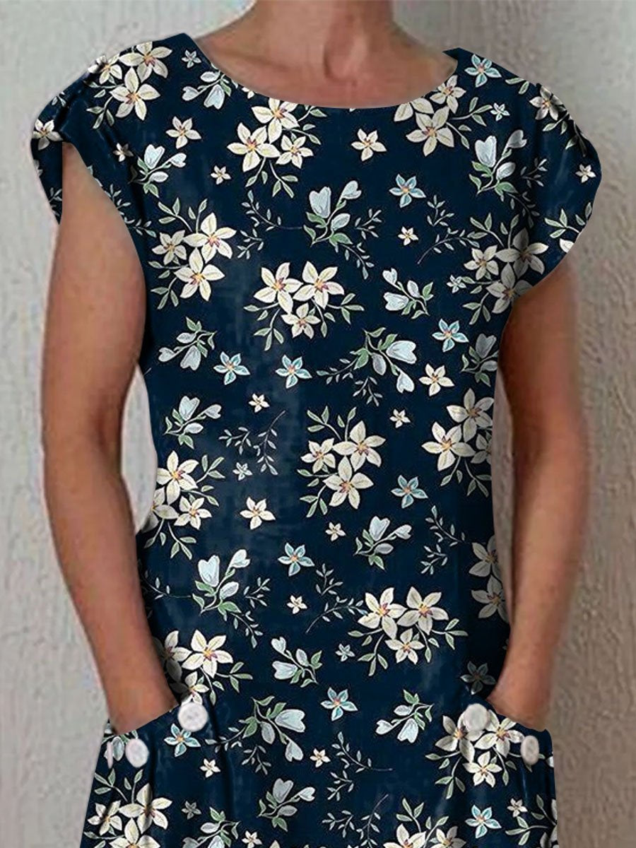 Women's Elegant Vintage Floral Pattern Cotton Dress With Pockets