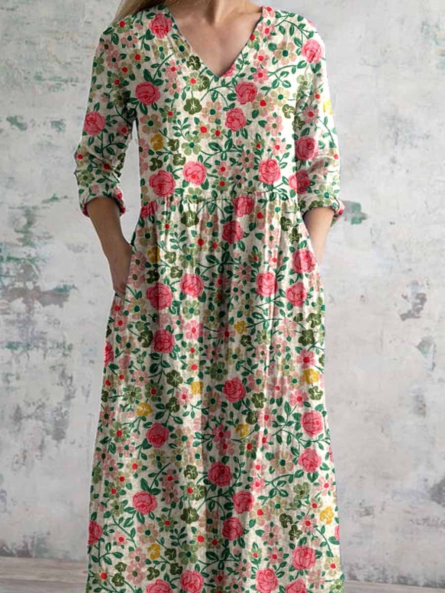 Women's Elegant Pastoral Rose Floral Cotton and Linen Dress with Pockets