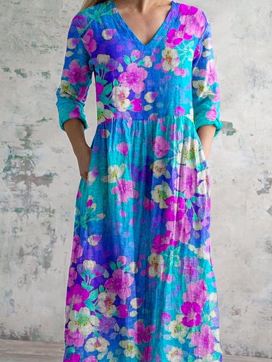 Women's Gradient Floral V-Neck Cotton Dress