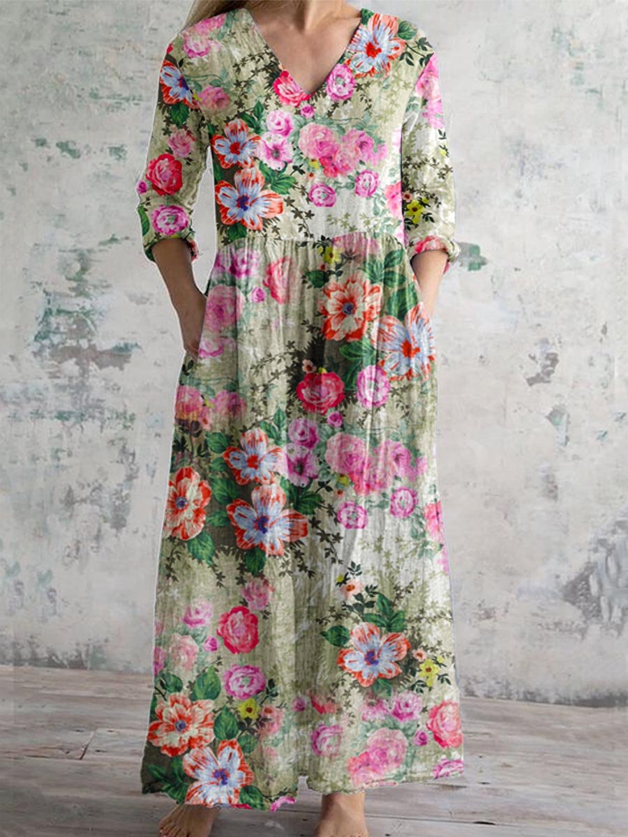 Women's Elegant Floral V-Neck Cotton Dress