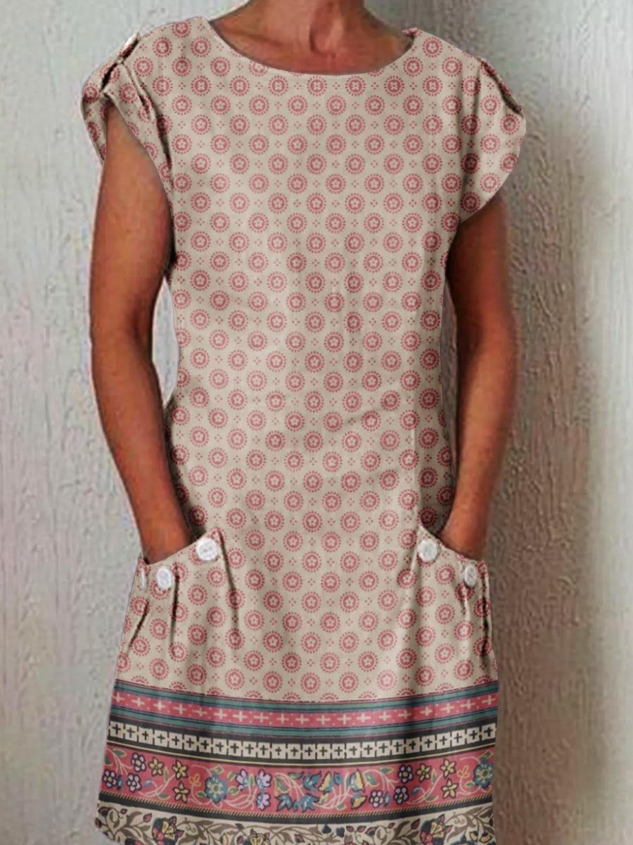 Women's Art Geometric Floral Pattern Cotton and Linen Dress with Pockets