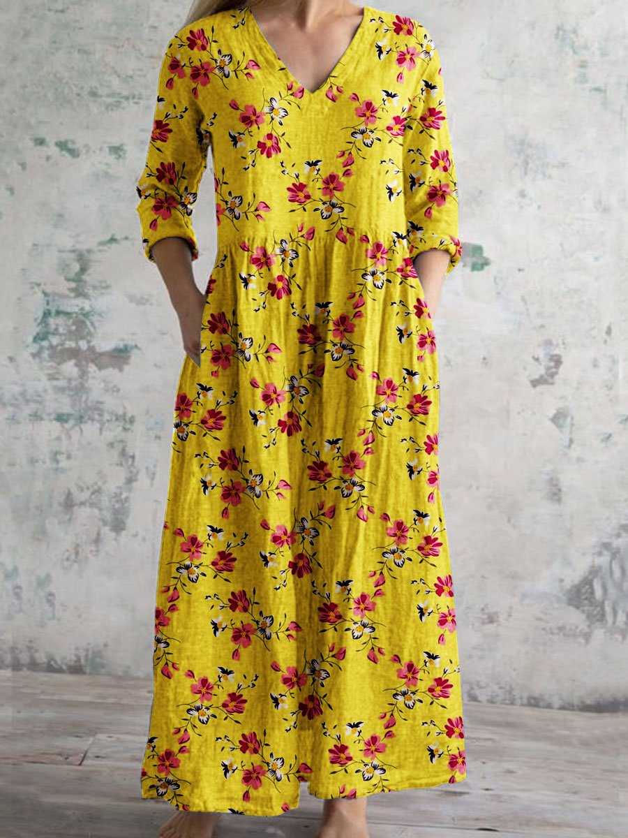 Women's Elegant Vintage Pattern Cotton Dress With Pockets