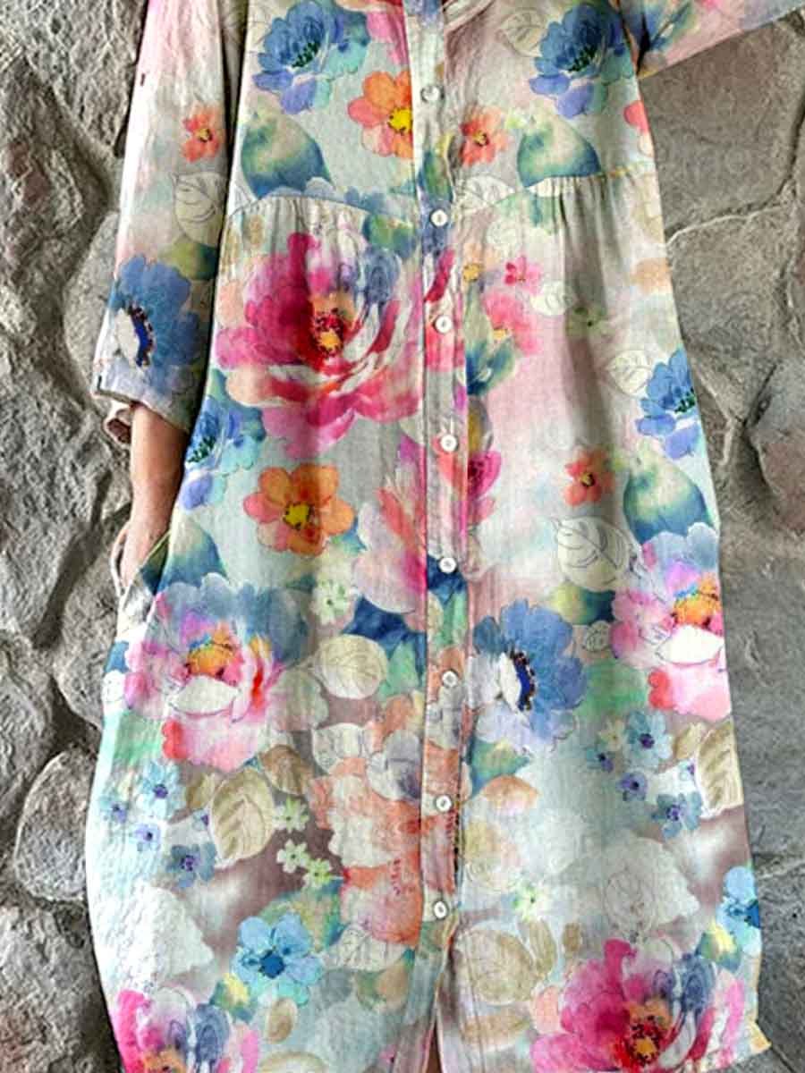 Women's Elegant Vintage  Floral Print Shirt Style Cotton and Linen Dress