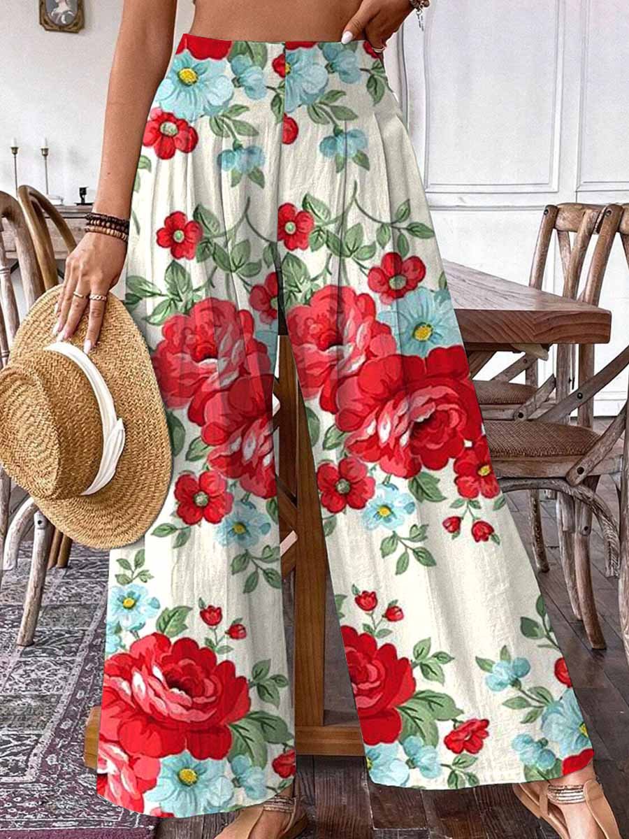 Women's Summer Rose Floral Print Pattern Cotton Wide Leg Pants