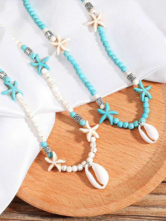 Boho Handmade Turquoise Natural Shell Starfish Necklace
