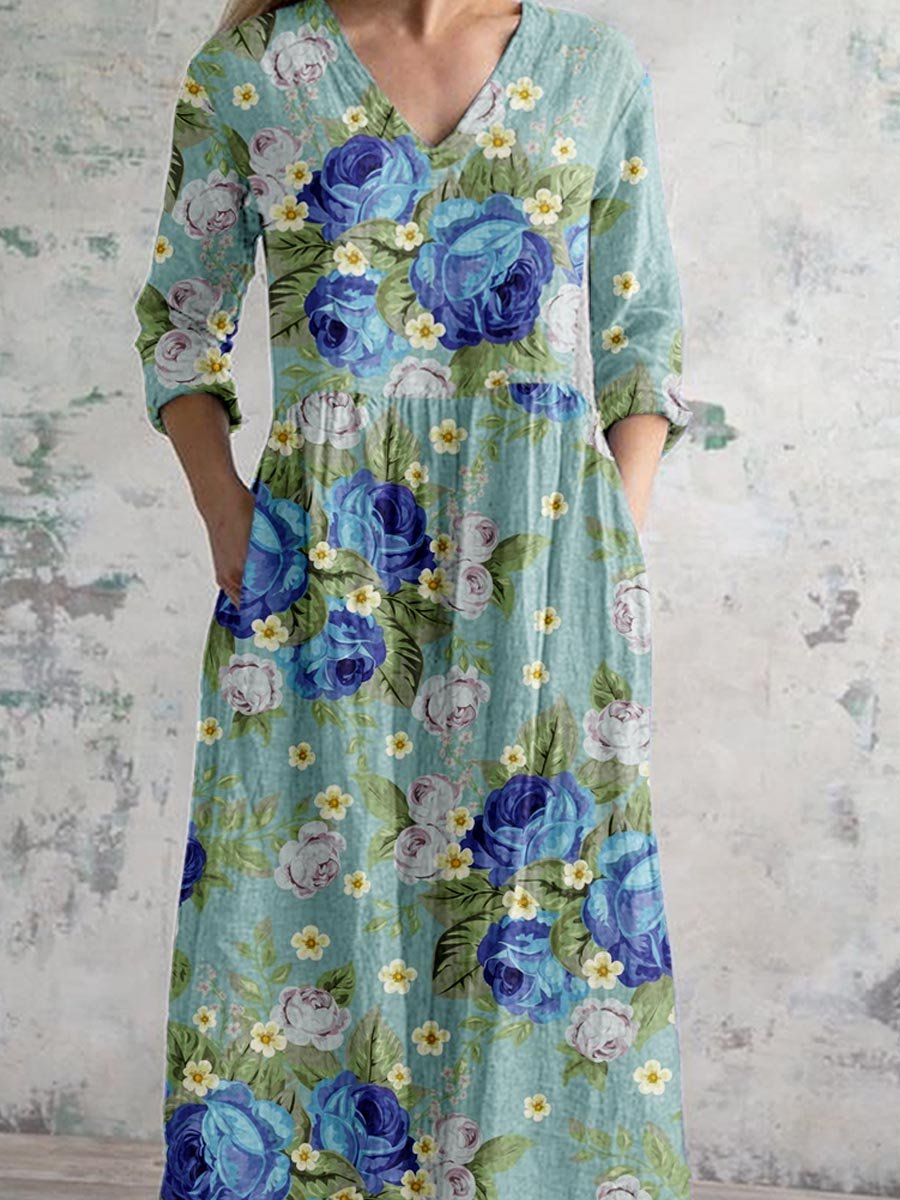 Women's Elegant Rose Floral Pattern V-Neck Cotton and Linen Dress with Pockets