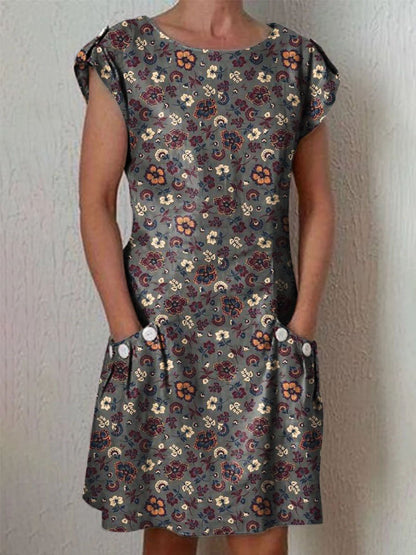 Women's Elegant Vintage Floral Pattern Cotton Dress With Pockets