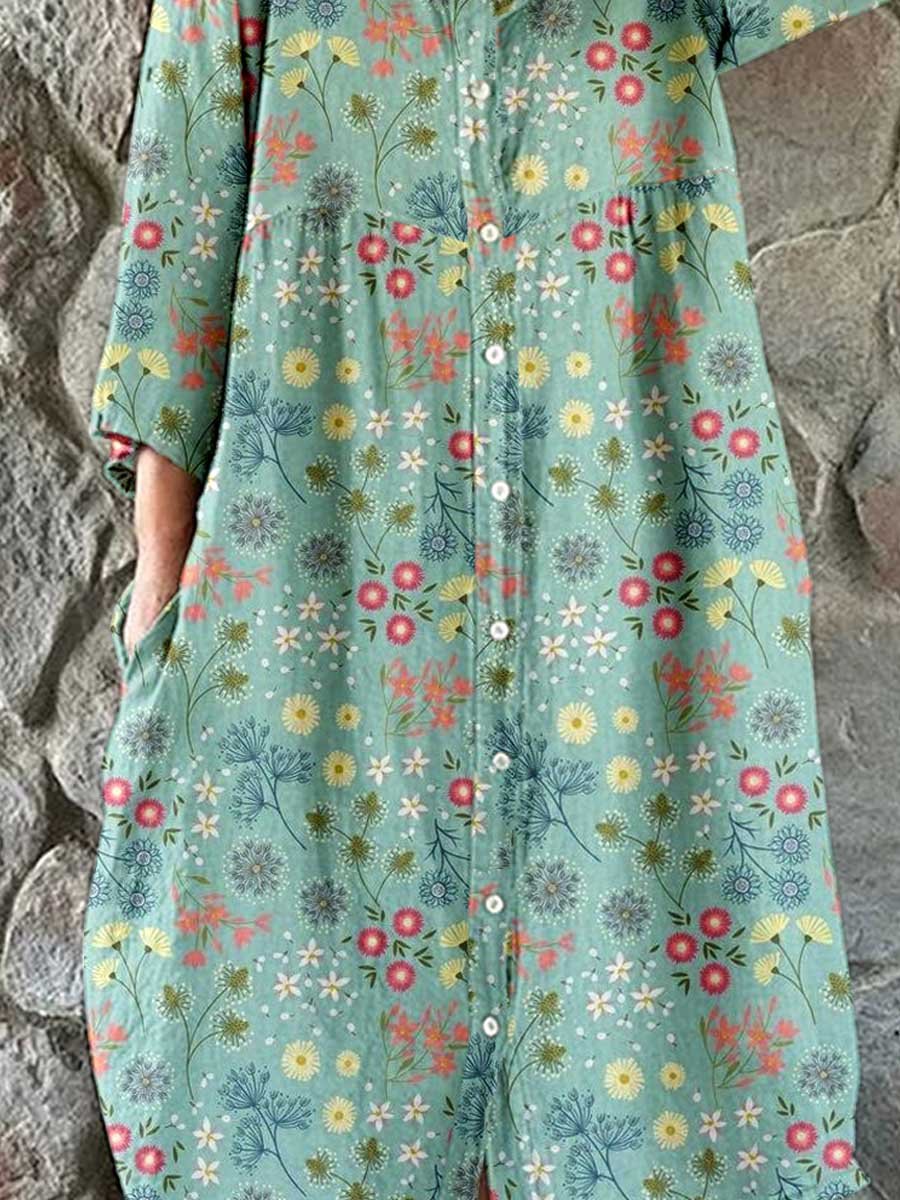 Women's Elegant Floral Shirt Style Cotton and Linen Dress