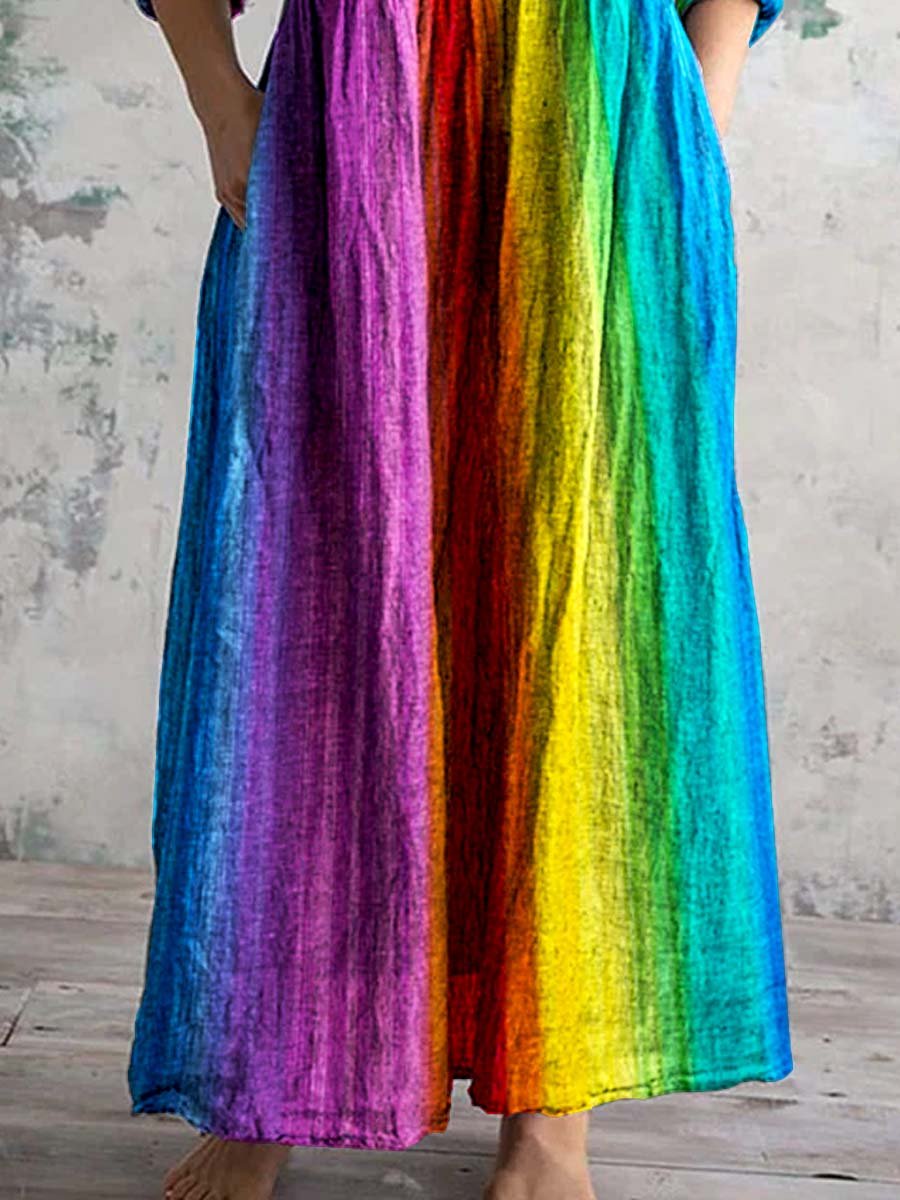 Women's V-Neck Rainbow Gradient Pattern Dress with Pockets