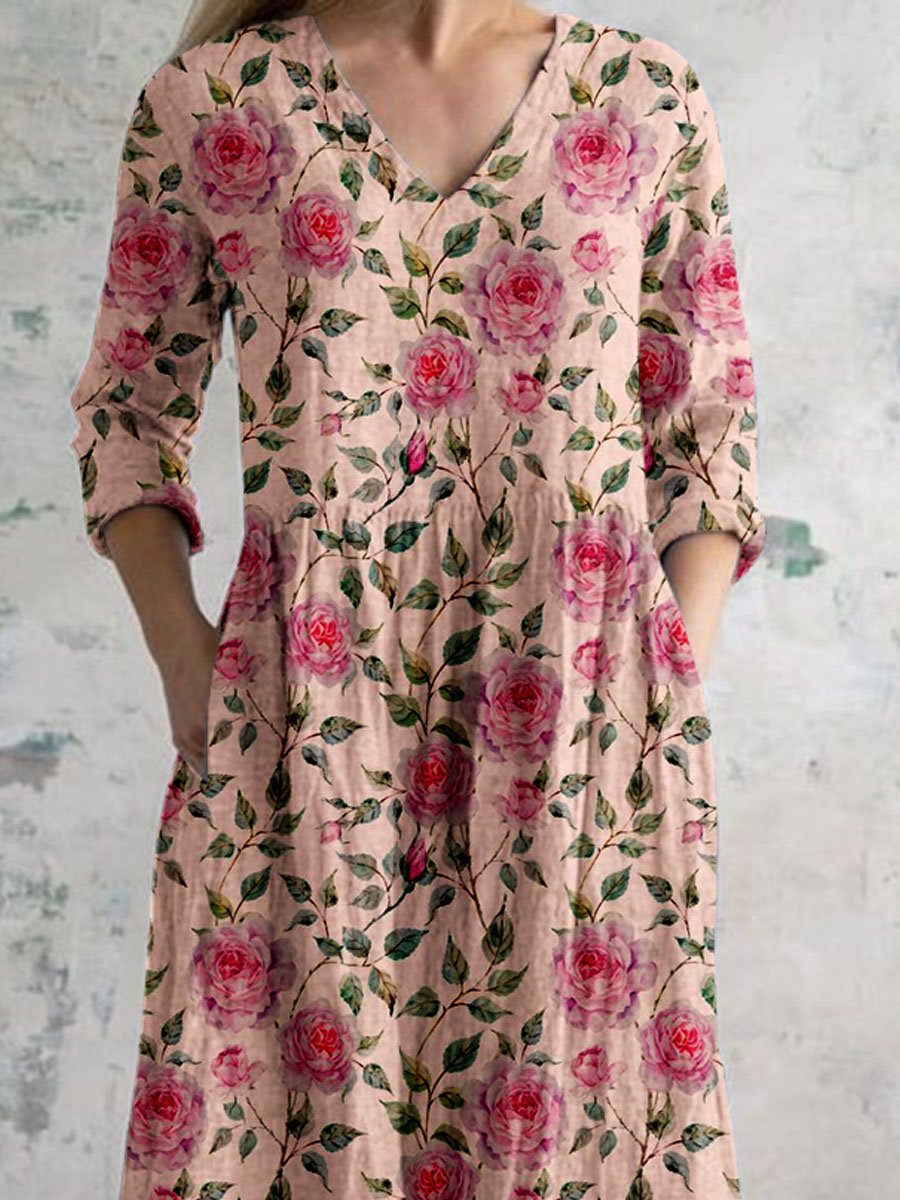 Women's Elegant Vintage Floral Pattern Cotton Dress With Pockets