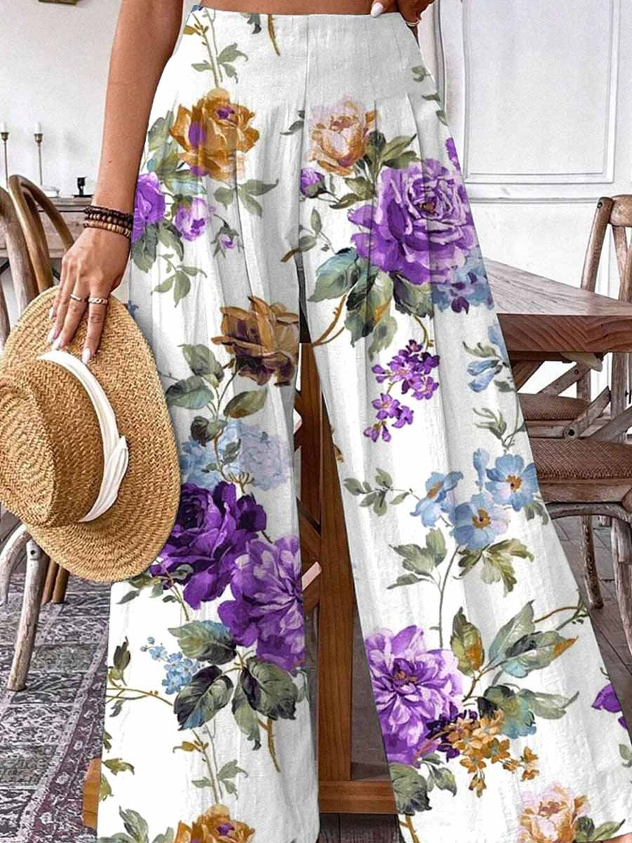 Women's Rose Floral Print Wide Leg Pants